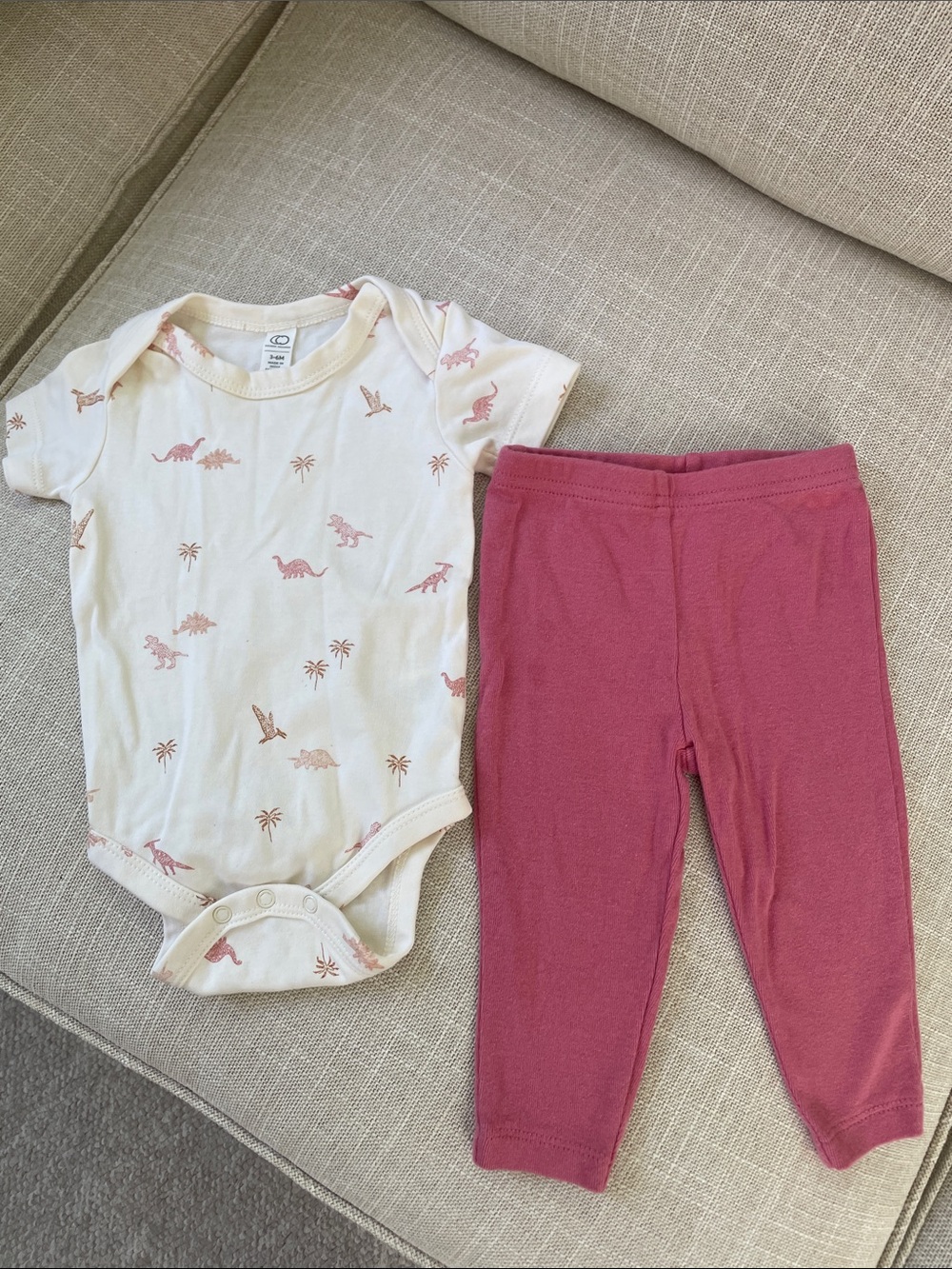 Colored Organics Cream Onesie with Pink Dino Print & Rose Pink Leggings